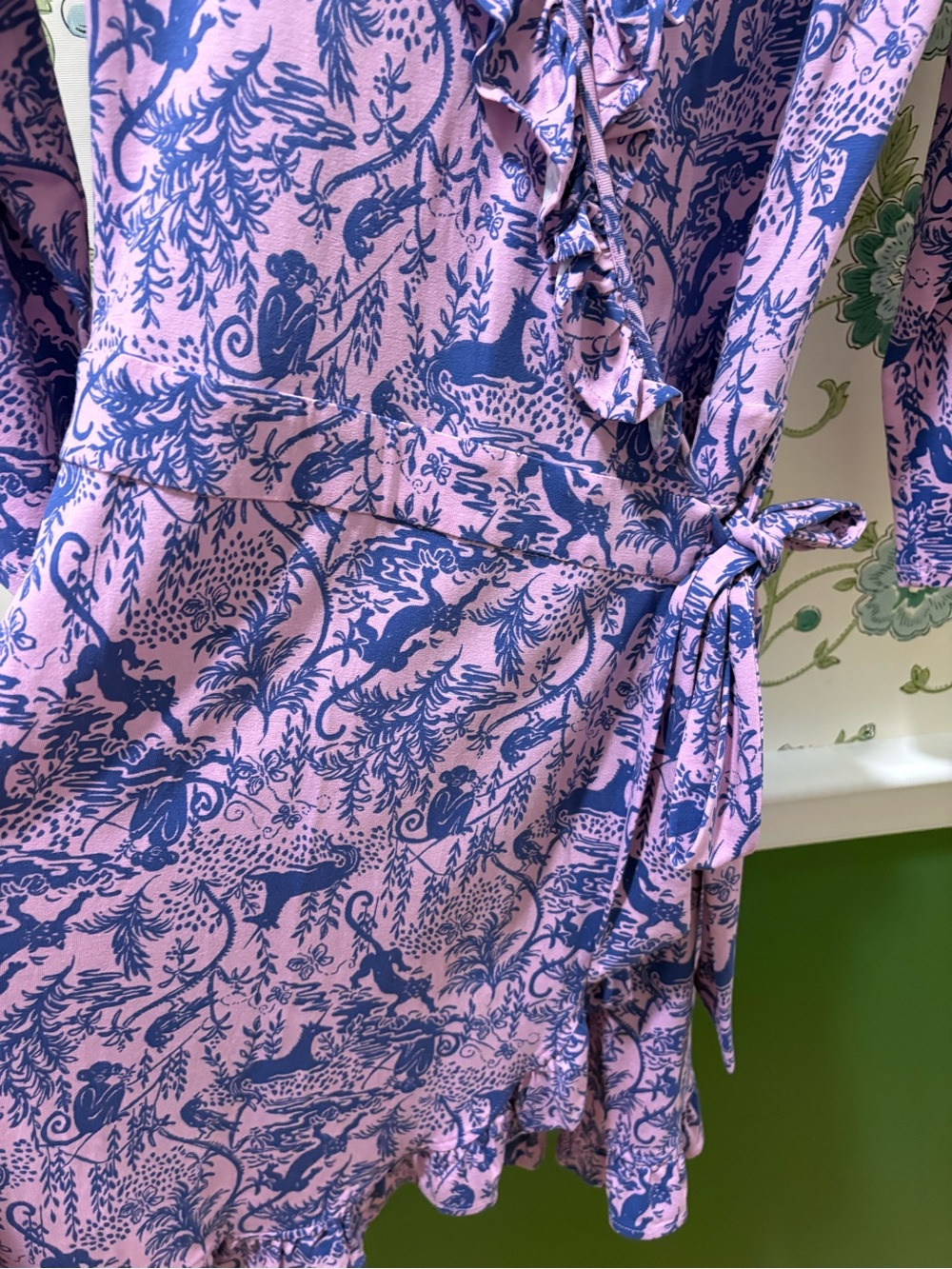 Lilly Pulitzer Jungle Toile Wrap Dress Pink Blue Monkey Leopard Ruffle Hem M - Picture 4 of 6